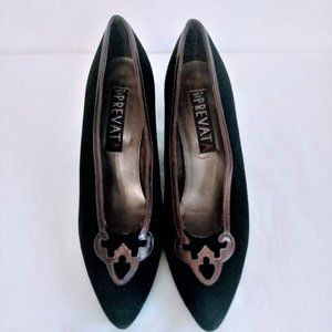 Very Nice Prevata Shoes-Black Suede/Copper Leather Trim-Made In Italy-7 1/2" AA